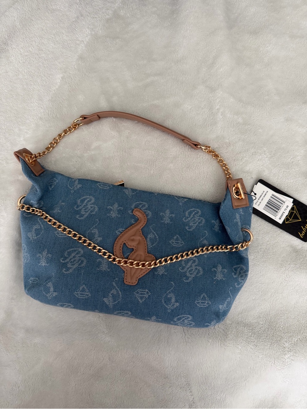 Baby Phat Denim Blue Shoulder Bag with Tan Trim and Gold Chain